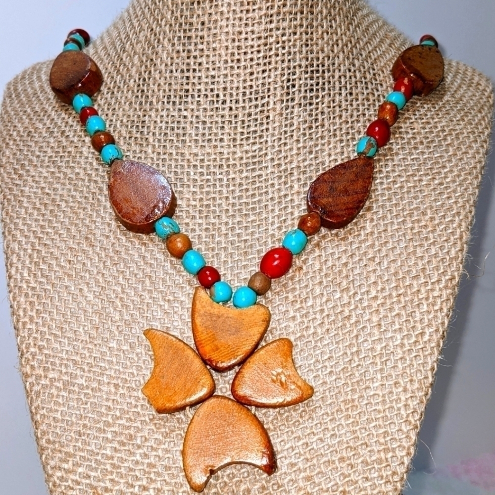 Wooden Bead Flower Colorful Necklace